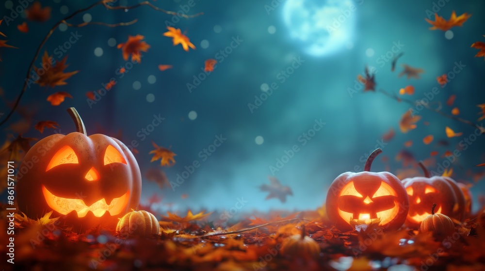 A collection of glowing carved pumpkins among autumn leaves, bathed in the light of a full moon, creating a festive Halloween atmosphere. A collection of glowing carved pumpkins among autumn leaves, bathed in the light of a full moon, creating a festive Halloween atmosphere.