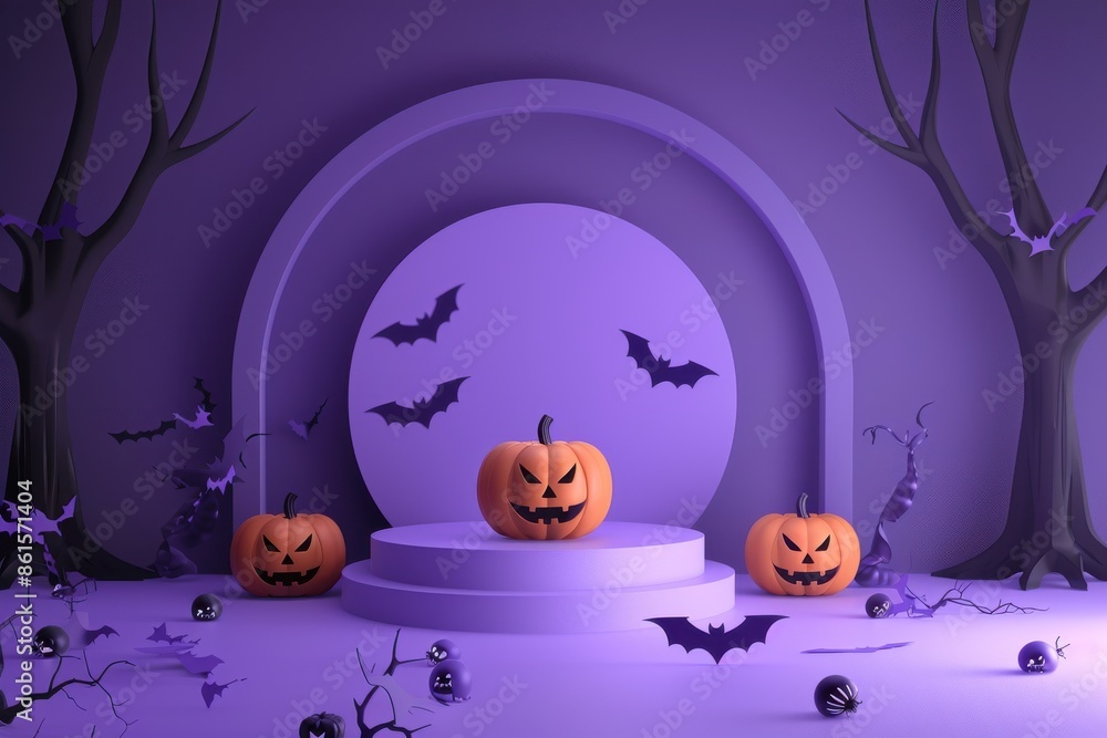 Fototapeta premium 3d rendering, podium display for product presentation in halloween background with pumpkin and bats decoration.