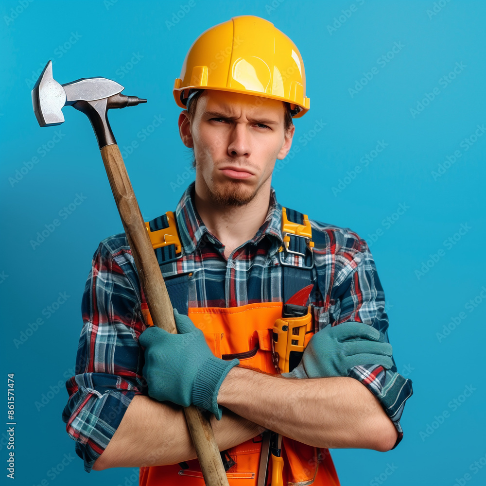 Portrait of an angry young builder man in uniform holding construction tools, isolated on a blue background Portrait of an angry young builder man in uniform holding construction tools, isolated on a blue background