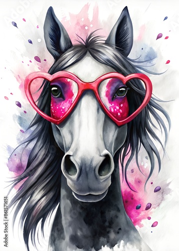 Watercolor painting of a cute mare horse with heart-shaped glasses photo