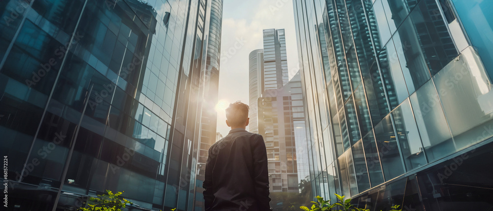Businessman standing in front of a modern glass building, with skyscrapers and sunlight behind him. The concept depicts business success or a powerful leader ready for a new hiking adventure. Businessman standing in front of a modern glass building, with skyscrapers and sunlight behind him. The concept depicts business success or a powerful leader ready for a new hiking adventure.