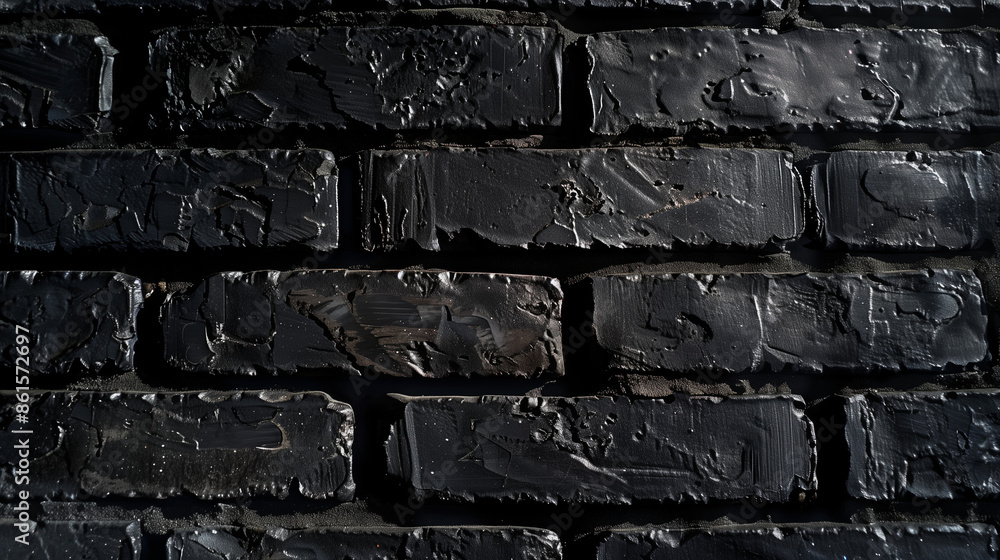 A striking black brick wall serves as a dark, textured background, perfect for modern and edgy design projects A striking black brick wall serves as a dark, textured background, perfect for modern and edgy design projects