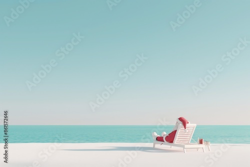 Santa Relaxing on Tropical Beach with blue sky.