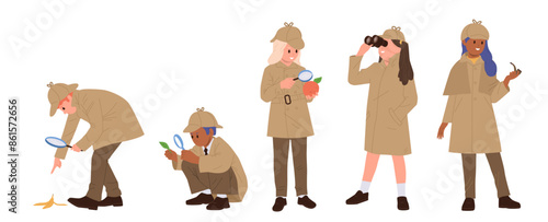 Smart children detectives cartoon characters wearing cute hat and coat isolated set on white