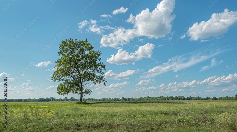 Obraz premium Lone tree standing tall amidst an expansive field, capturing the essence of solitude and natural beauty.