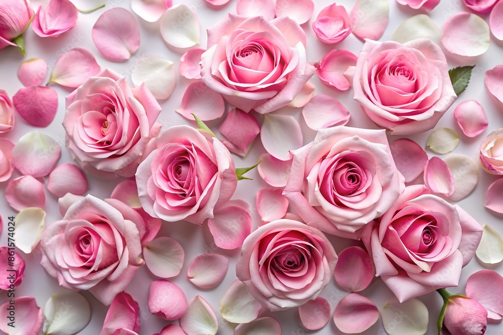 A background of pink rose and petals on a white surface A background of pink rose and petals on a white surface