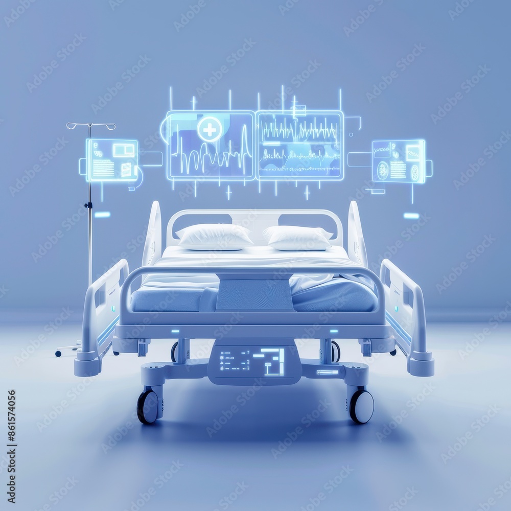 Futuristic hospital bed with holographic medical data display in a modern healthcare setting, representing advanced medical technology. Futuristic hospital bed with holographic medical data display in a modern healthcare setting, representing advanced medical technology.