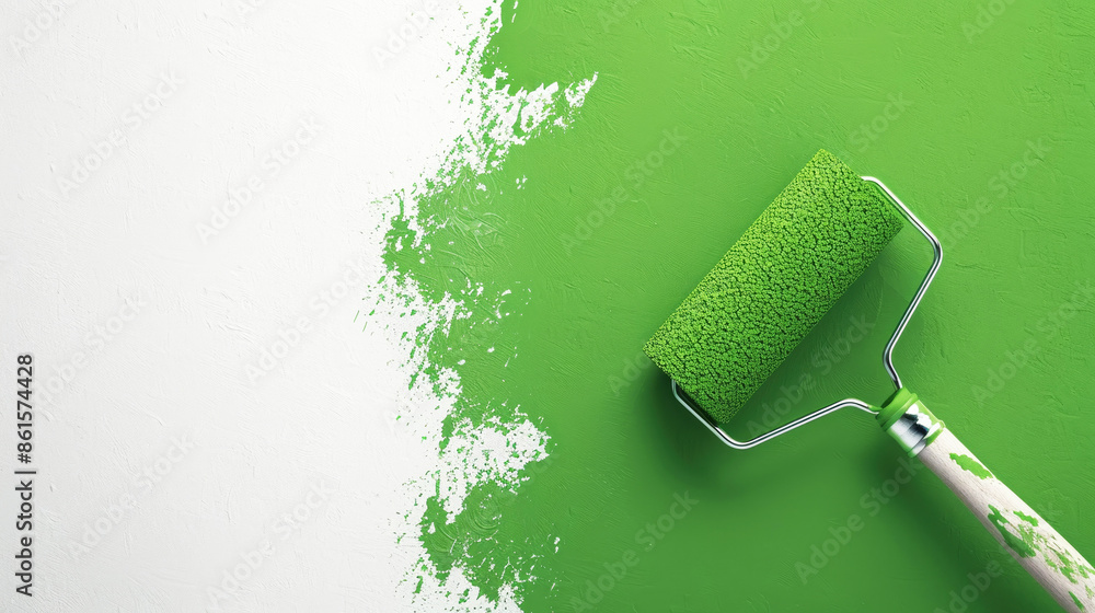 Obraz premium A paint roller painting a white wall with green paint, close-up.
