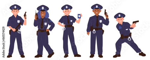 Children police officer characters wearing in patrol suits and hats holding gun, radio or badge set