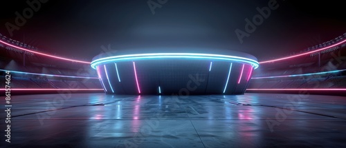 Futuristic arena stage with neon lights and empty space. Perfect for gaming, esports, or sci-fi themes.