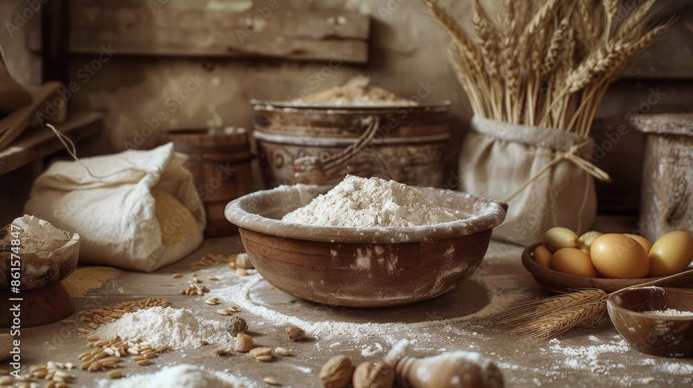Fototapeta premium Rustic kitchen scene with flour, wheat, eggs, and baking ingredients, creating a warm, homey atmosphere perfect for traditional baking themes.