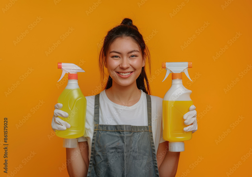 American woman holding cleaning supplies and smiling isolated on a ...