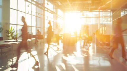A bright and sunny office space with blurred silhouettes of office workers moving around. The sun streams in through large windows, creating a warm and inviting atmosphere