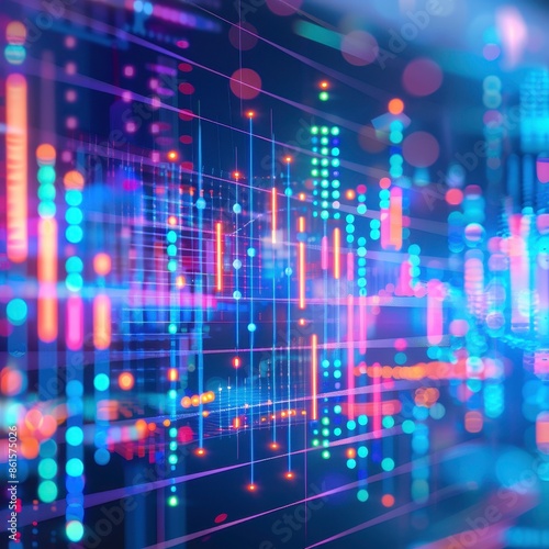 Abstract digital data visualization featuring colorful graphs and lines representing information analysis on a futuristic interface.