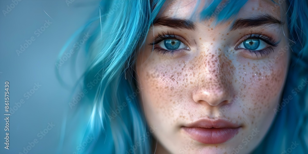Closeup portrait of a woman showcasing her freckles and blue hair. Concept Beauty, Portrait, Closeup, Freckles, Blue Hair