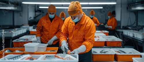 Workers in orange uniforms and masks prepare and process fresh fish in a modern seafood processing plant, ensuring quality and hygiene.