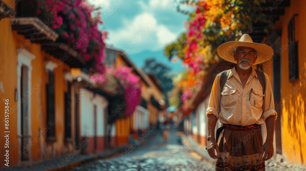 Man in Traditional Mayan Outfit Walking Through Cobblestone Streets of Antigua
Man in Traditional Mayan Outfit Walking Through Cobblestone Streets of Antigua