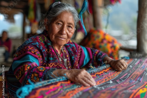 Woman Weaving Textiles on Backstrap Loom in Guatemalan Village

 photo