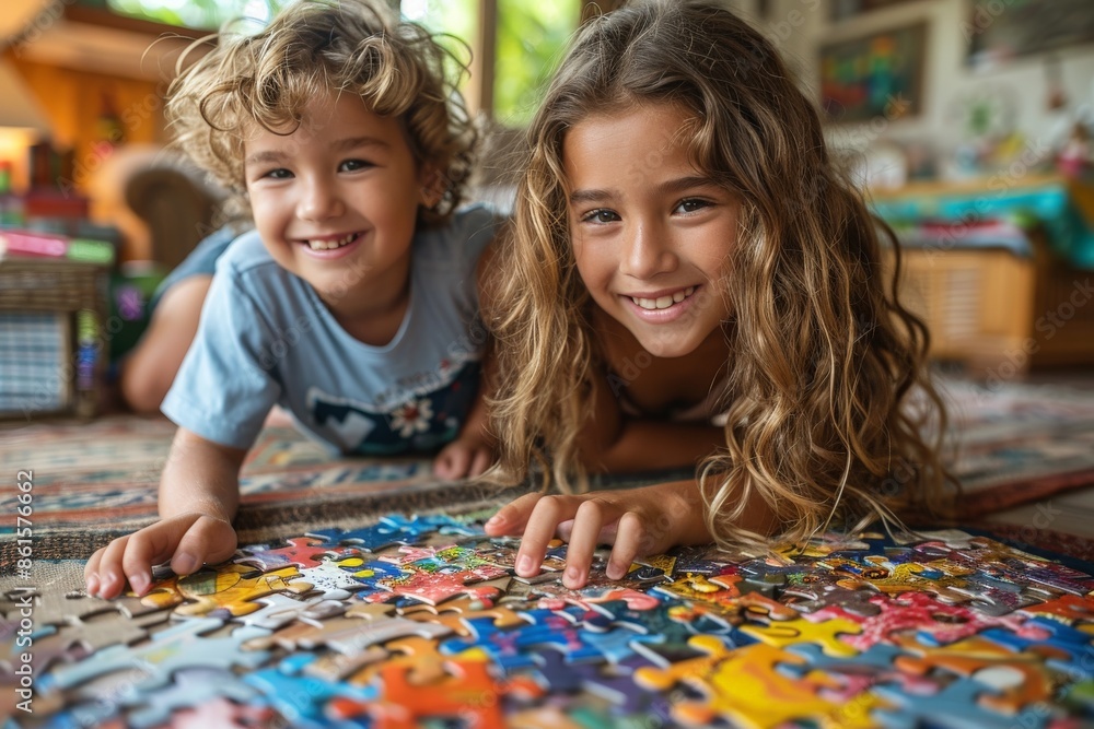 Two children, a boy and a girl, smile joyfully as they work together to solve a colorful puzzle laid out in their cozy, vibrant living room, symbolizing fun, teamwork, and childhood joy. Two children, a boy and a girl, smile joyfully as they work together to solve a colorful puzzle laid out in their cozy, vibrant living room, symbolizing fun, teamwork, and childhood joy.