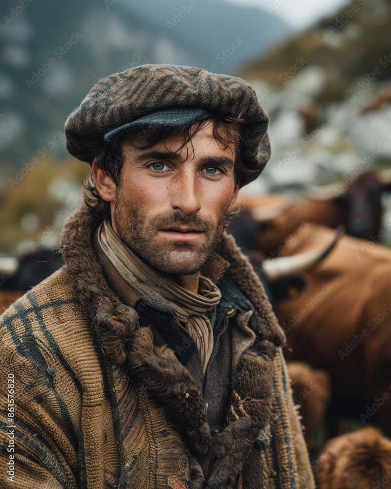 Fototapeta premium Young Basque Cowherd Guiding Cattle Through the Pyrenees Mountains