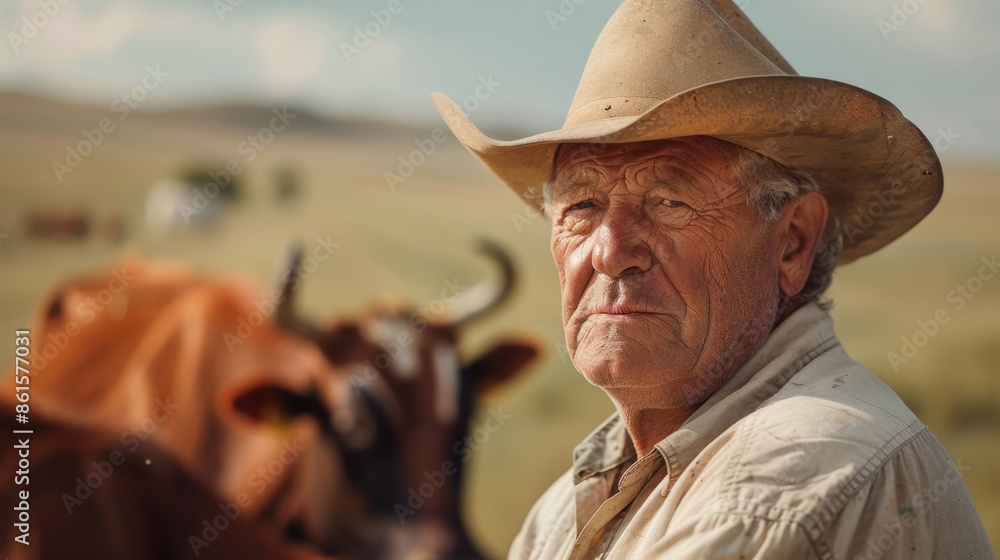 Elderly Cowboy Managing Cattle on South African Savanna Ranch