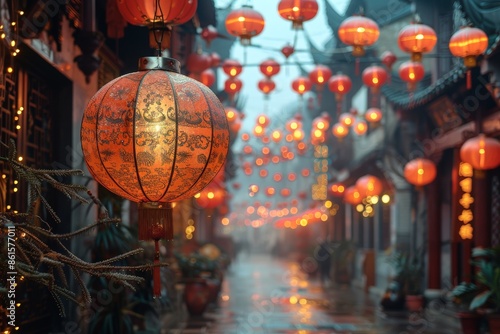 Wallpaper Mural Red lanterns glowing on a foggy street, creating a picturesque fusion of traditional cultural aesthetics and reflective ambiance, with mist adding a touch of mystery and charm. Torontodigital.ca