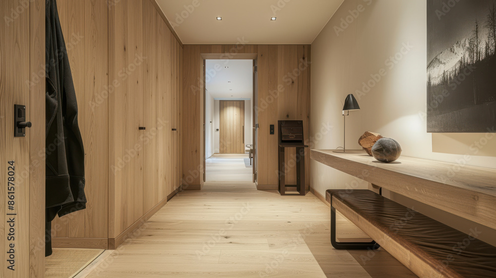 Fototapeta premium Modern hallway interior with wooden walls and flooring, minimalist decorations, and ambient lighting leading to a cozy room.