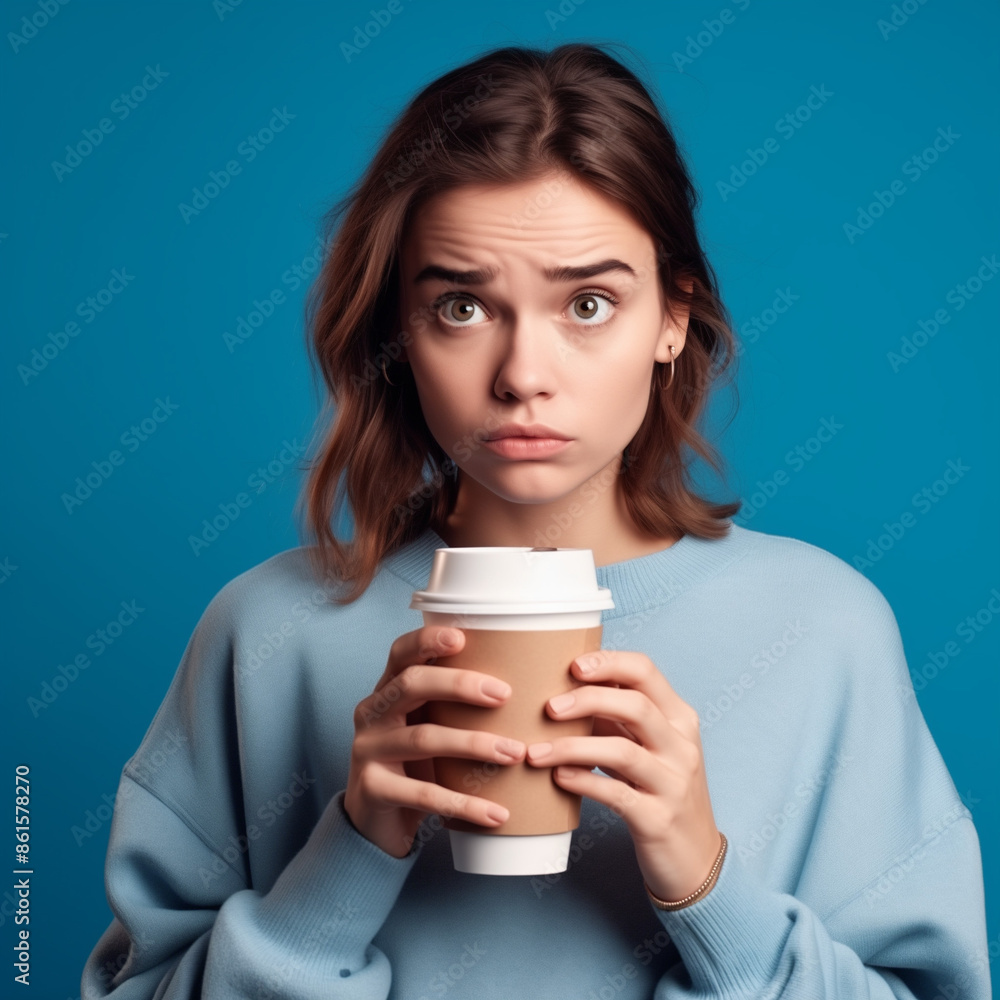 A bored young Caucasian woman holding a takeaway coffee cup and talking on her mobile phone, rolling her eyes, isolated on a blue background. A bored young Caucasian woman holding a takeaway coffee cup and talking on her mobile phone, rolling her eyes, isolated on a blue background.