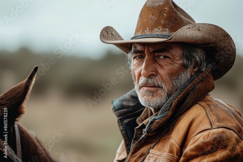 Middle-Aged Vaqueiro Riding Through the Sertão Region in Brazil

