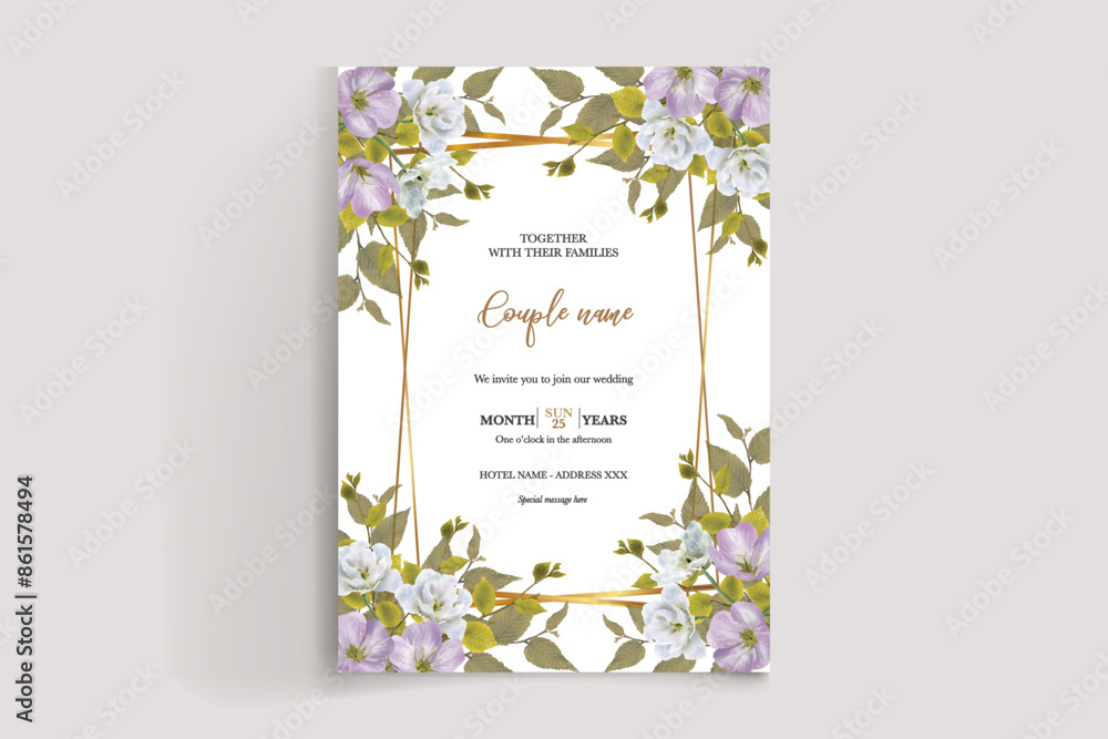 WEDDING INVITATION FRAME WITH FLOWER DECORATIONS AND FRESH LEAVES WEDDING INVITATION FRAME WITH FLOWER DECORATIONS AND FRESH LEAVES