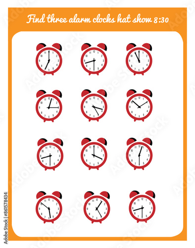 Find the Same Time on Alarm Clock Game for Children. Educational materials for a child vector