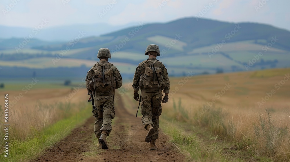 Two soldiers walking down a path in a scenic landscape with rolling hills in the background, capturing the essence of military life and camaraderie. Two soldiers walking down a path in a scenic landscape with rolling hills in the background, capturing the essence of military life and camaraderie.