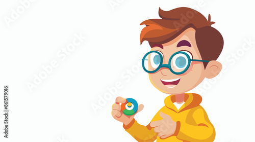 Caucasian little cheerful boy holding popular fidget
