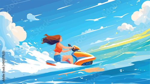 Caucasian woman riding on a water scooter in sea 