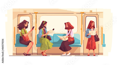 Caucasian women traveling by public transport. Woman
