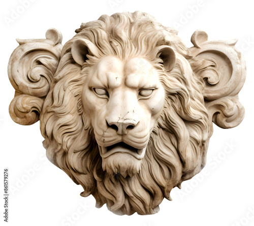 Marble relief with male lion head on the transparent background. Antique sculpture with the king of the animals.	