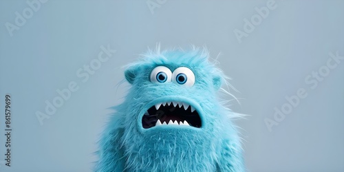 Startled or Excited Furry Blue Creature with Big Eyes and Sharp Teeth. Concept Wild Creatures, Fantasy Illustrations, Animation Character Design, Fictional Beasts, Vibrant Color Schemes photo