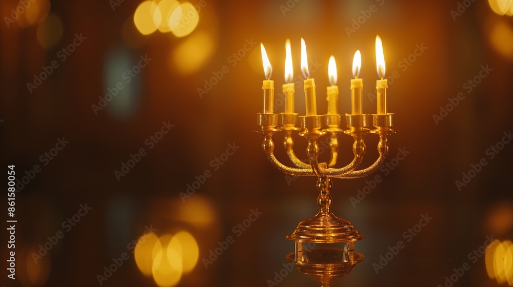 A stunning golden menorah with seven candles, casting a serene light and creating a warm, festive atmosphere perfect for holiday celebrations. A stunning golden menorah with seven candles, casting a serene light and creating a warm, festive atmosphere perfect for holiday celebrations.