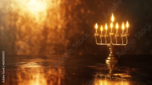 A beautiful menorah all of its candles brilliantly lit, casting a warm and enchanting glow in a serene and festive holiday setting. photo