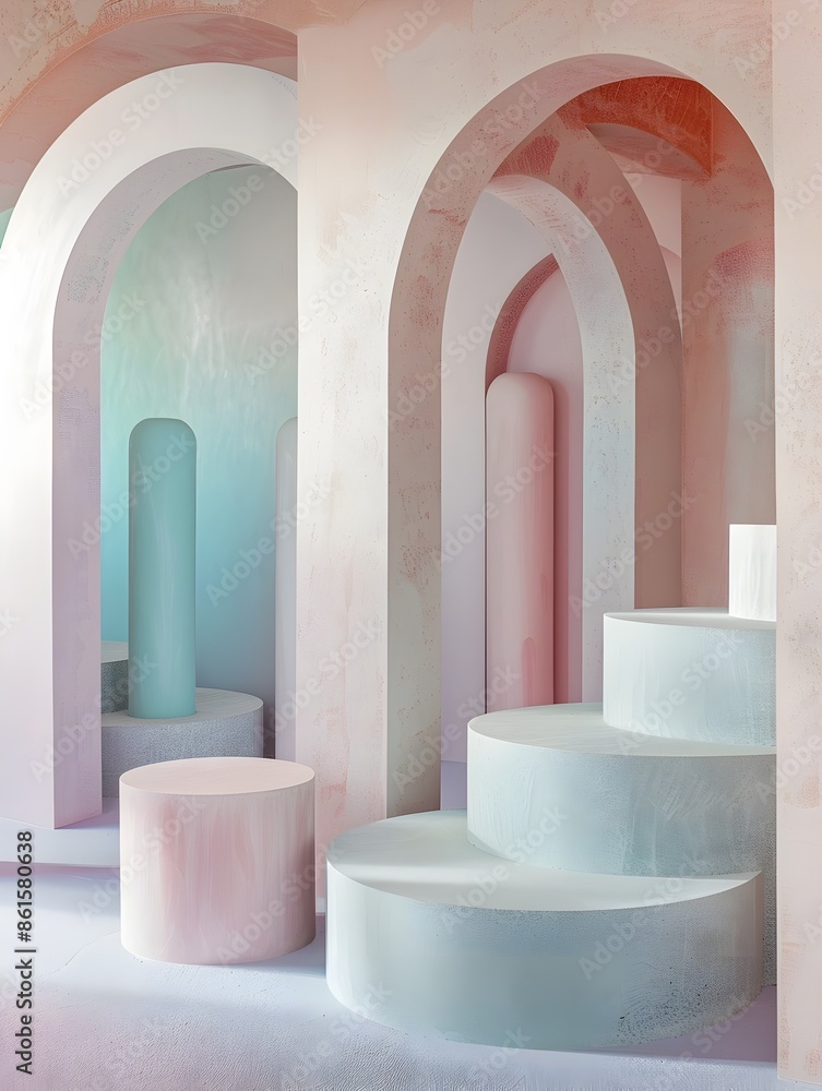 Surreal Pastel Toned Minimalist Abstract Studio Space with Cylindrical Podiums for Product Showcase Surreal Pastel Toned Minimalist Abstract Studio Space with Cylindrical Podiums for Product Showcase
