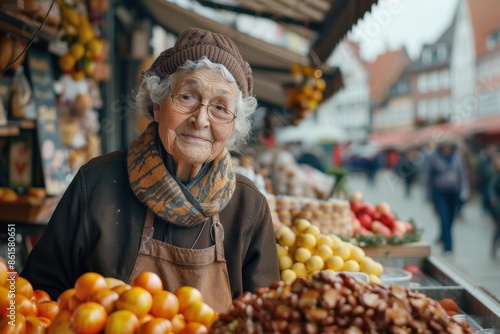 Obraz na płótnie Elderly Woman Selling Marzipan Treats at Lübeck Market
w salonie