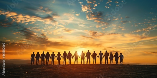 Large group of people holding hands in solidarity. Several happy joyful friends standing together, looking in future with hope and confidence against the sky. Warm sunshine at sunset, backside view.
