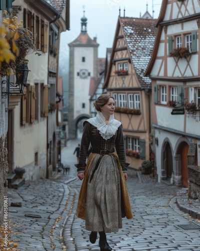 Middle-Aged Woman in Traditional Dirndl Walking Through Medieval Rothenburg ob der Tauber