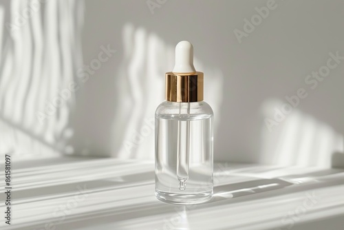 Natural oil cosmetics. Dropper glass Bottle Mock-Up. Oily cosmetic pipette. Face and body treatment. Spa concept. Mineral organic liquid. Front view. Beauty products. Blank packaging gel, white table