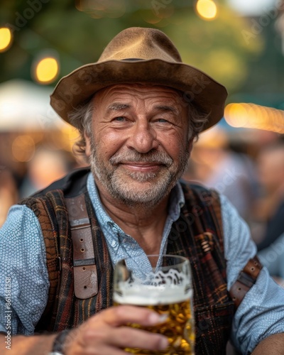 Middle-Aged Man in Lederhosen Enjoying Beer at Munich Oktoberfest