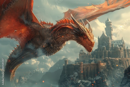 Majestic Red Dragon Soaring Over Ancient Stone Castle