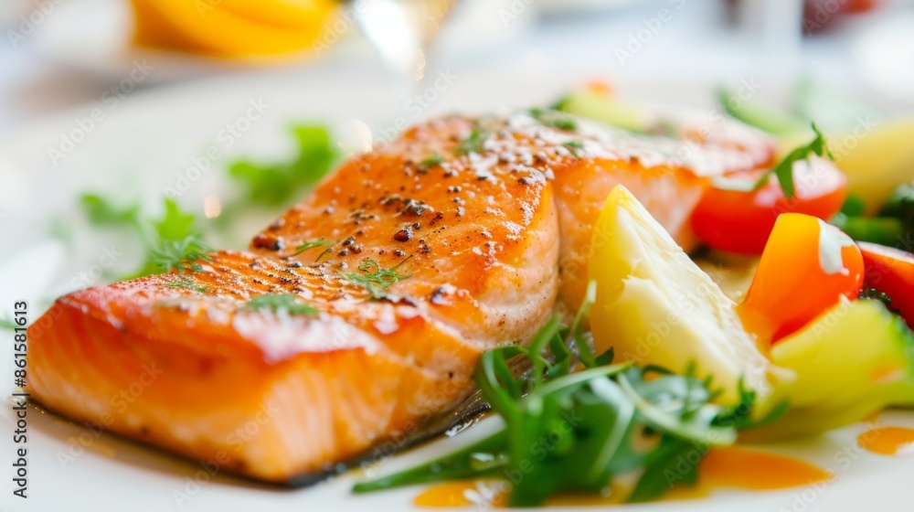 Honey-glazed salmon fillet served with a side of fresh, colorful vegetables Honey-glazed salmon fillet served with a side of fresh, colorful vegetables