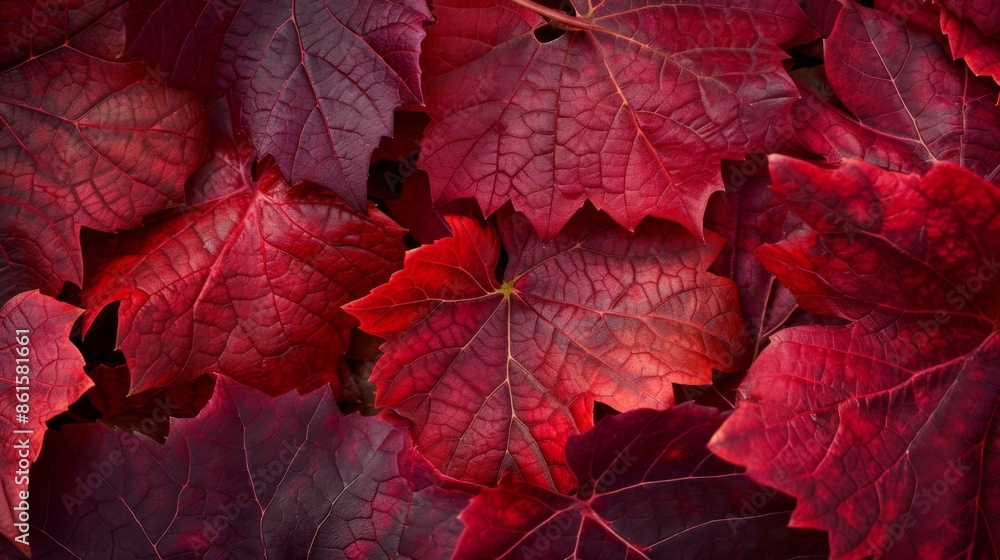 Red grape leaves in autumn, capturing their rich, warm hues against a natural backdrop Red grape leaves in autumn, capturing their rich, warm hues against a natural backdrop