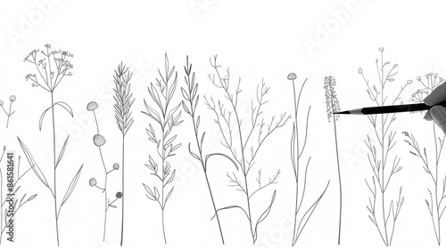 drawing of plants on a white background, black and white photo