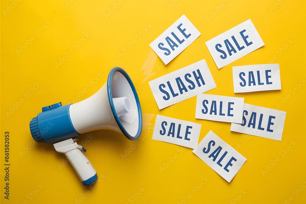 Fototapeta premium Vibrant yellow background, blue megaphone emits FLASH SALE papers, suggesting urgency